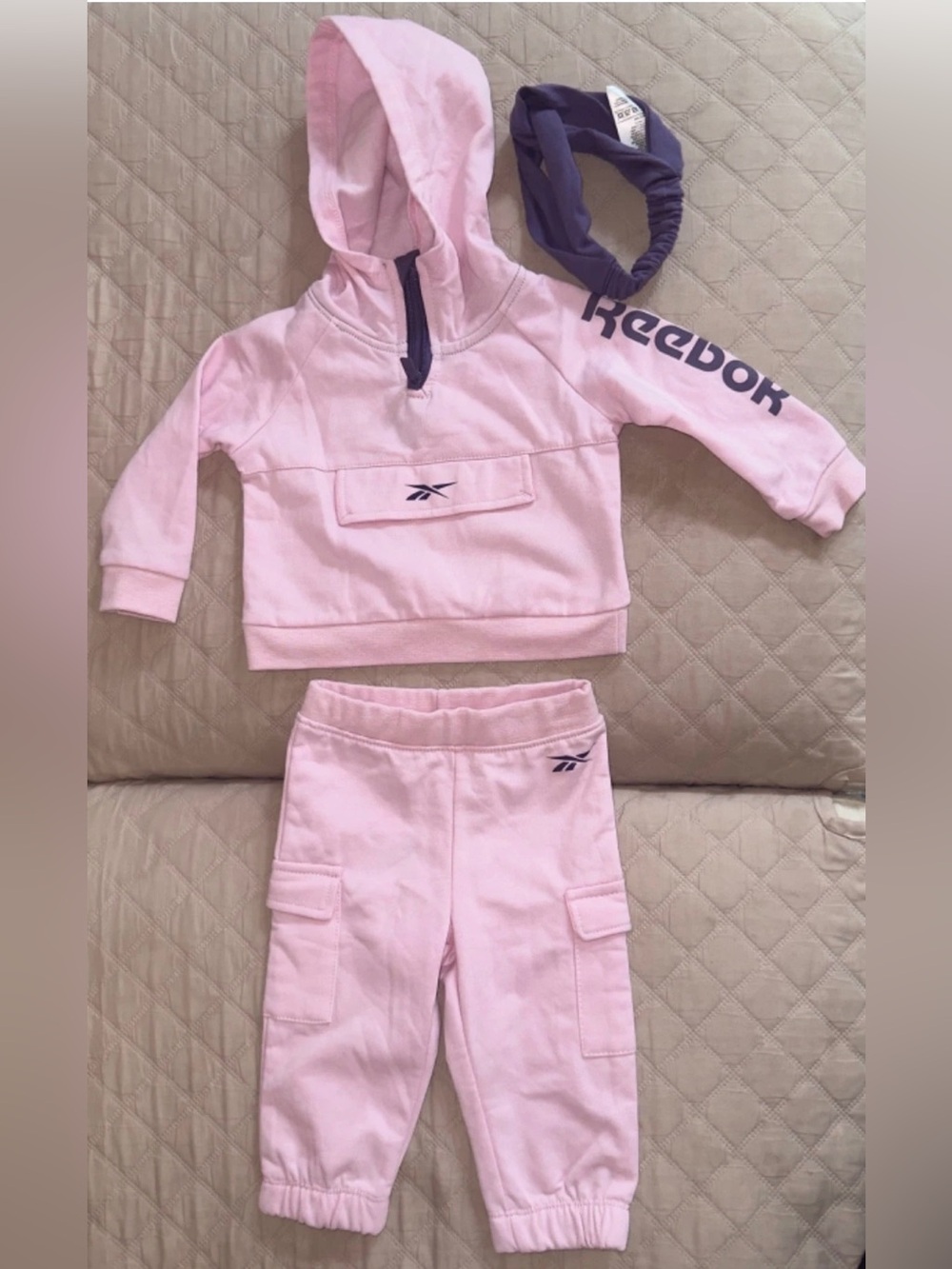 Reebok Infant girl pink Suit 3-6  NWOT Baby Jogger Activewear Set head band